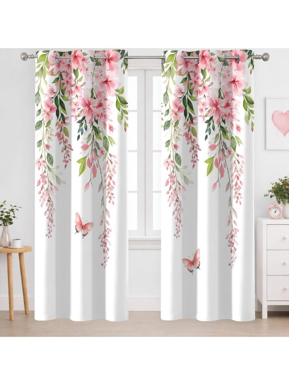 Floral Pink Curtains for Girls' Bedroom - 2 Panels Set, 42x84 Inches, Room Decor